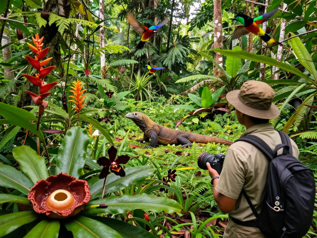 Discover Indonesia's biodiversity at https://petsnatureworld.com with lush rainforest scenery, featuring a researcher observing a Komodo dragon under vibrant foliage.