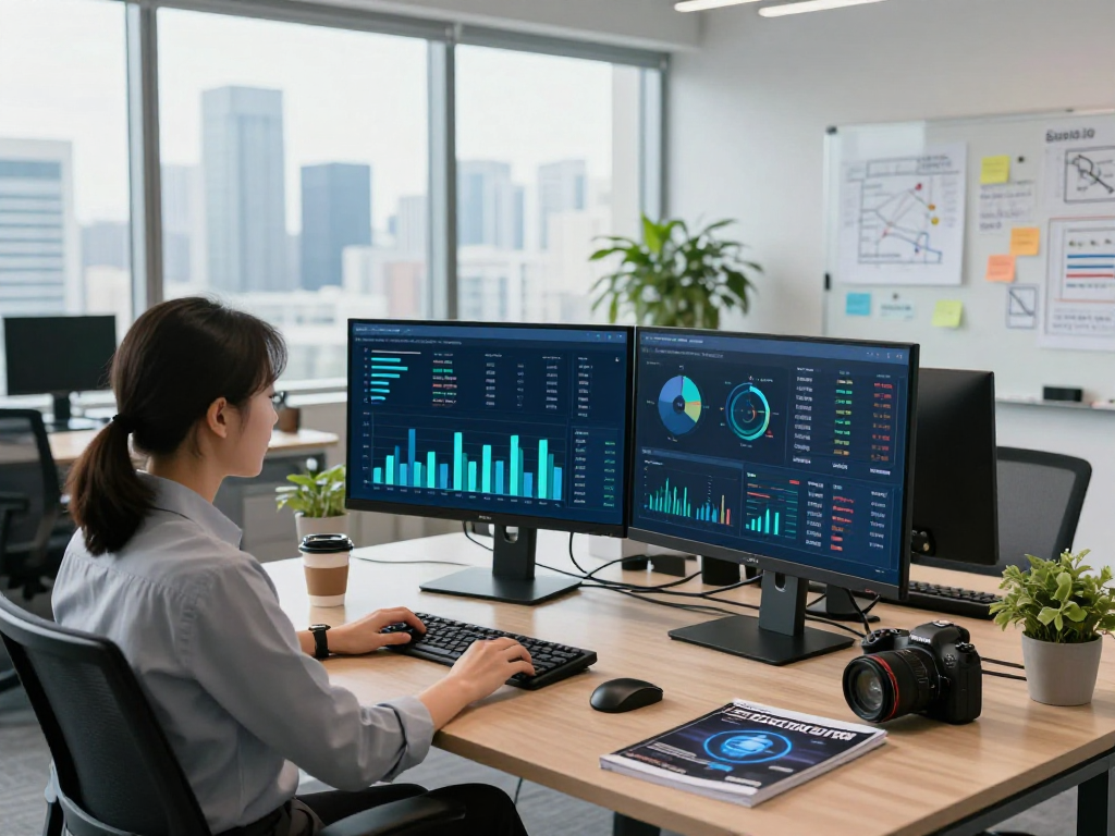 Daten- und IT-Sicherheit Dienstleistung showcased in a modern office setting with a professional analyzing security data on multiple screens.