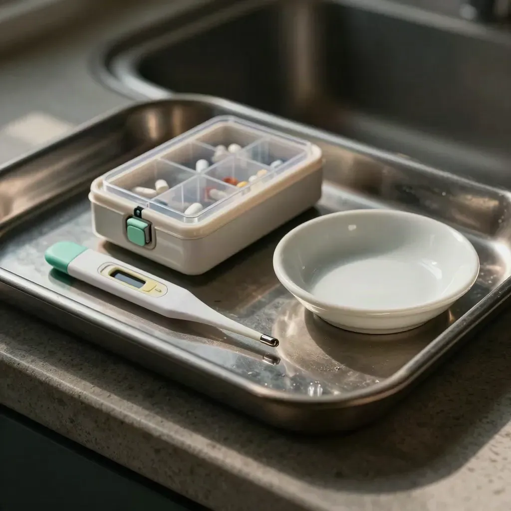 Stainless Tablett mit Pillenbox, Thermometeretui und Ampullenschale im Kliniklicht