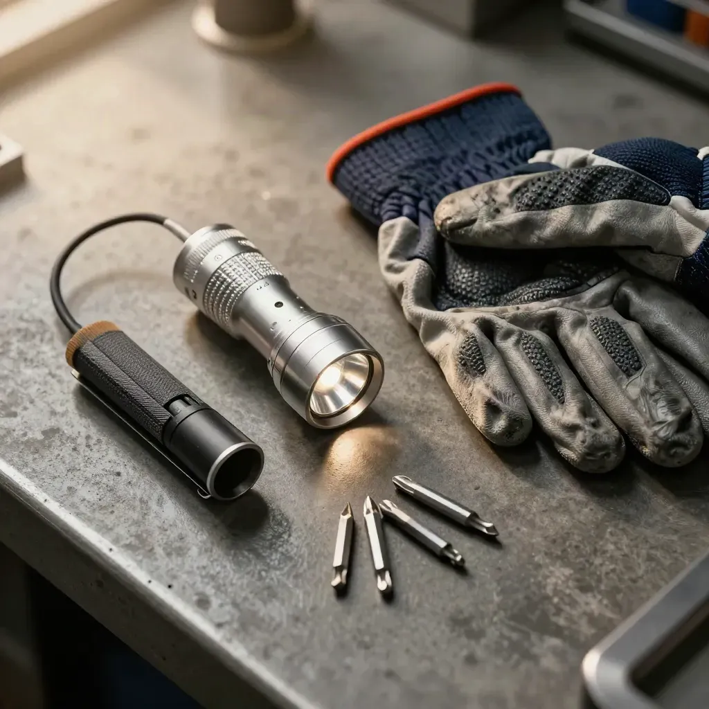Überkopf-Makro von Arbeitshandschuhen, Taschenlampe, Bitrolle und Kabelendhülse auf dunklem Beton.