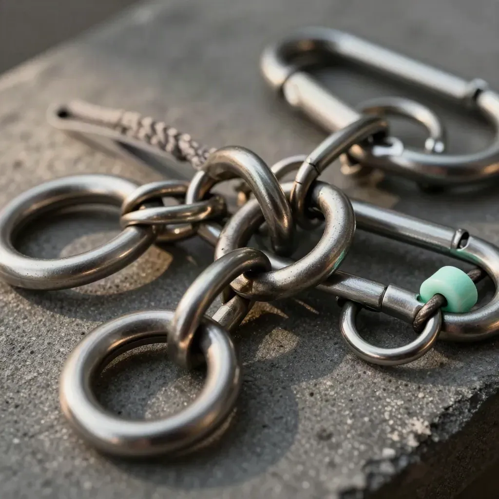 Makro von Metallringen, Tag-Clip und Karabiner auf grauem Stein mit zartem Mint-Akzent.