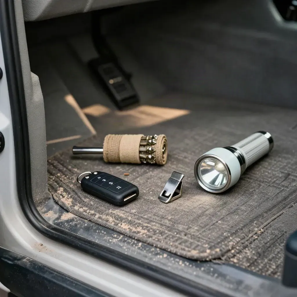 Fahrzeugschlüssel, Bit-Rolle und Taschenlampe im Van-Boden bei Staub und Licht