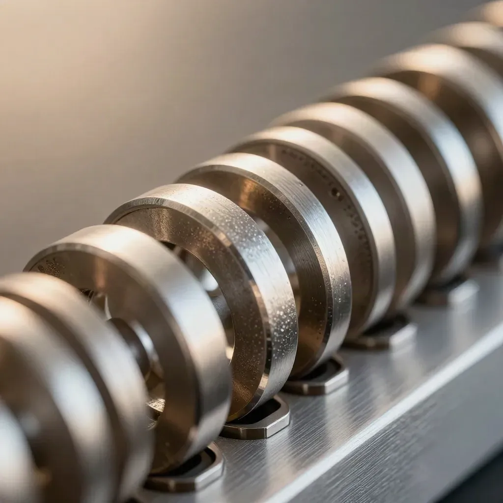 Makro von verbundenen Metallringen und Präzisionsverbindern auf gebürstetem Aluminium.
