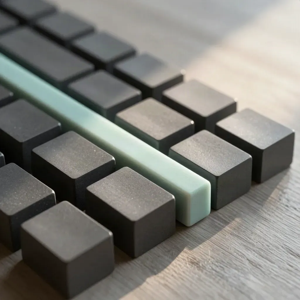 Matte Module und Magnetleiste auf hellem Holz, sauber im Top-down-Licht arrangiert.